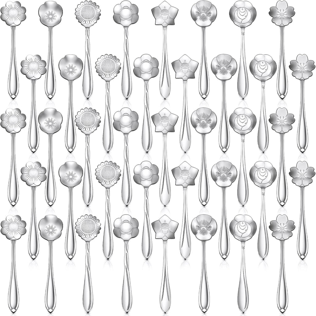 40 Pcs SilverTea Spoons Set Stainless Steel Flower Coffee Spoons