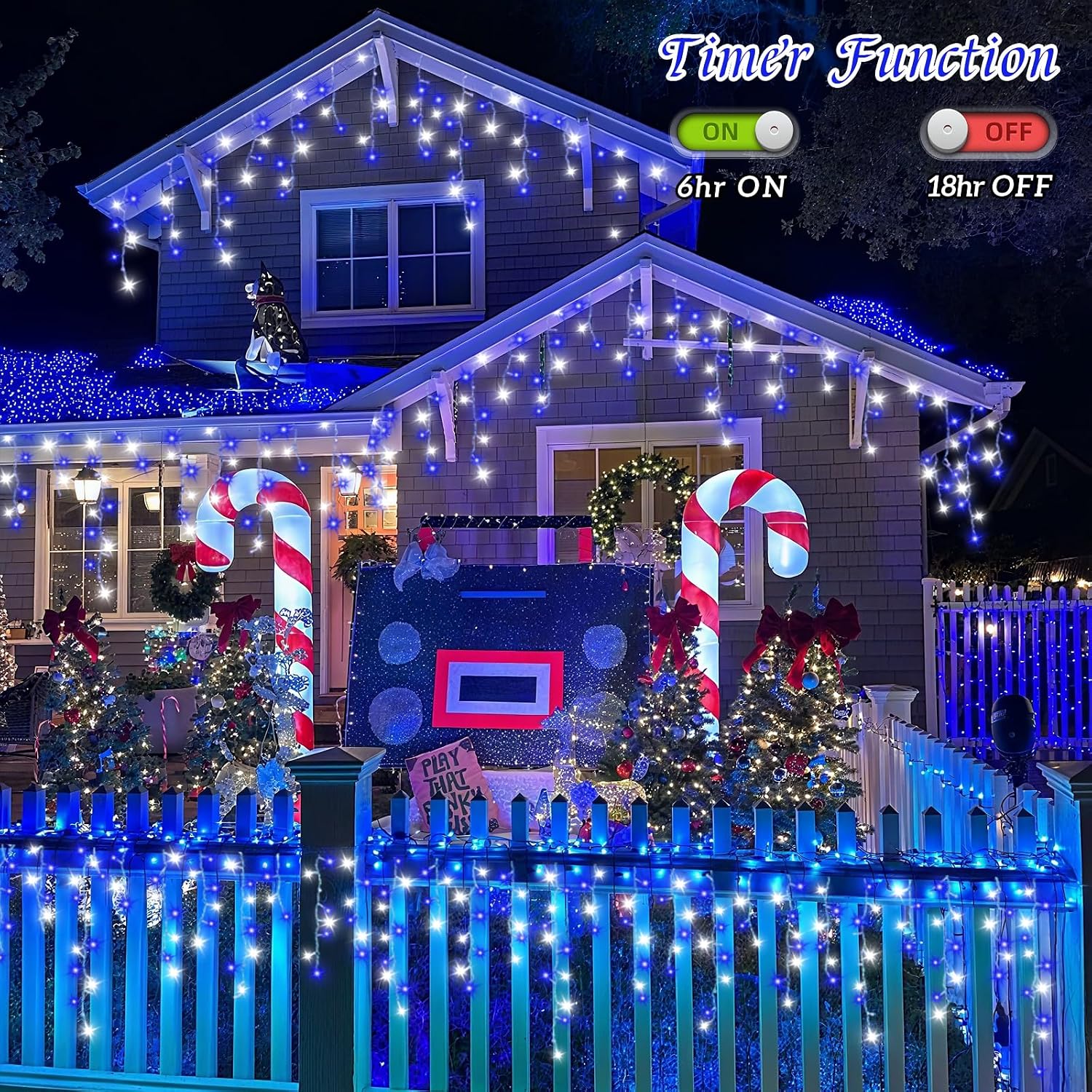 Blue and White Icicle Lights for Outside, 33ft 400 LED String Light Indoor Plug in, 8 Modes Connectable Icicle