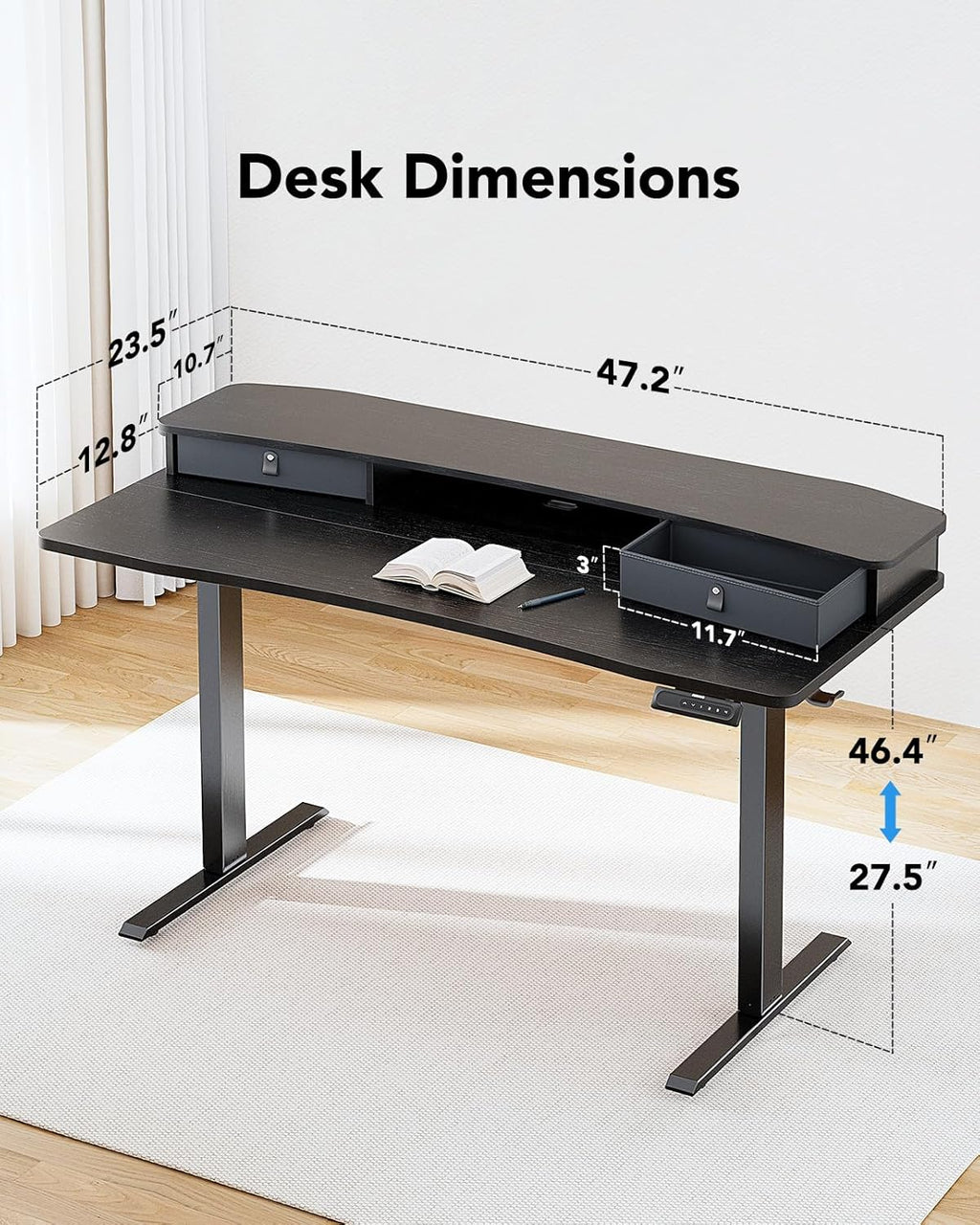 48″ x 24″ Electric Standing Desk with 2 Drawers, C-Clamp Mount Compatible, Height Adjustable Computer Desk, Home
