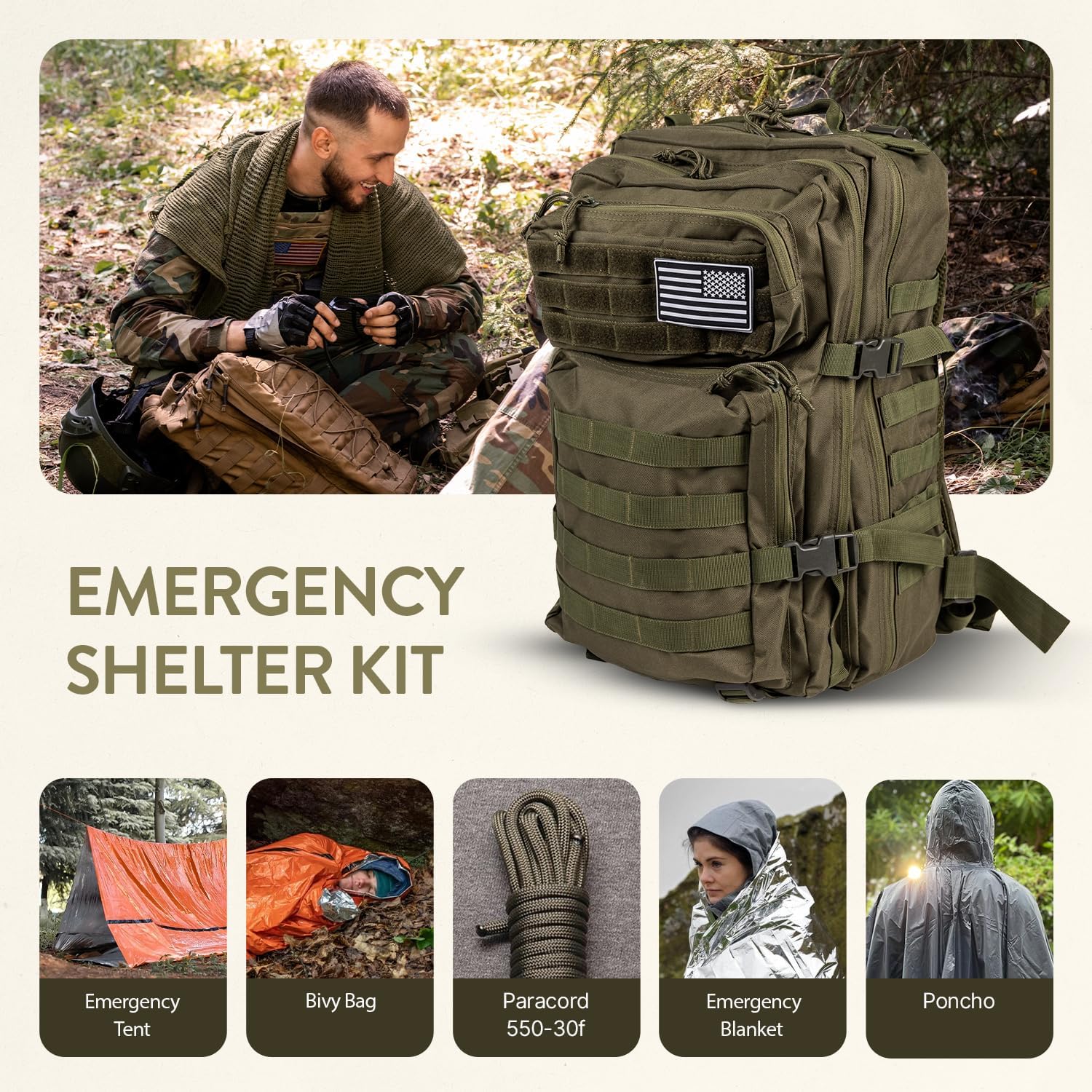 Bug Out Bag Backpack Survival Kit, Prepper Emergency Survival Gear | 45L Army Backpack, 72 Hour Survival Kits