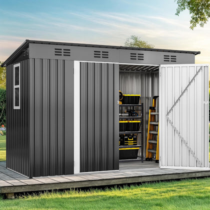 9' x 4' Outdoor Storage Shed with Windows, Lockable Double Doors, Sloped Roof, Heavy-Duty Steel Shed for Garden &