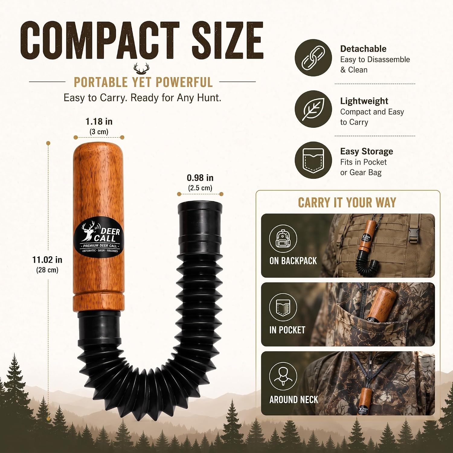 Deer Call - 6-in-1 Adjustable Hardwood Hunting Deer Grunt Call for Buck, Doe, Fawn with Lanyard - Waterproof Freeze