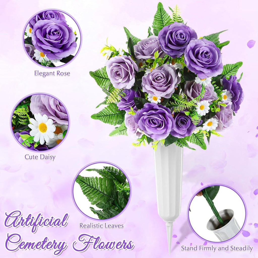 3 Pcs Father's Day Headstone Flower Saddle Cemetery Flowers for Grave Purple Rose Daisy Artificial Memorial Floral
