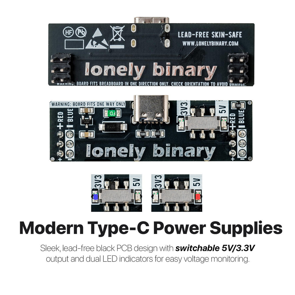 Lonely Binary 3-Pack Breadboard Power Supply 3.3V 5V USB-C Switchable