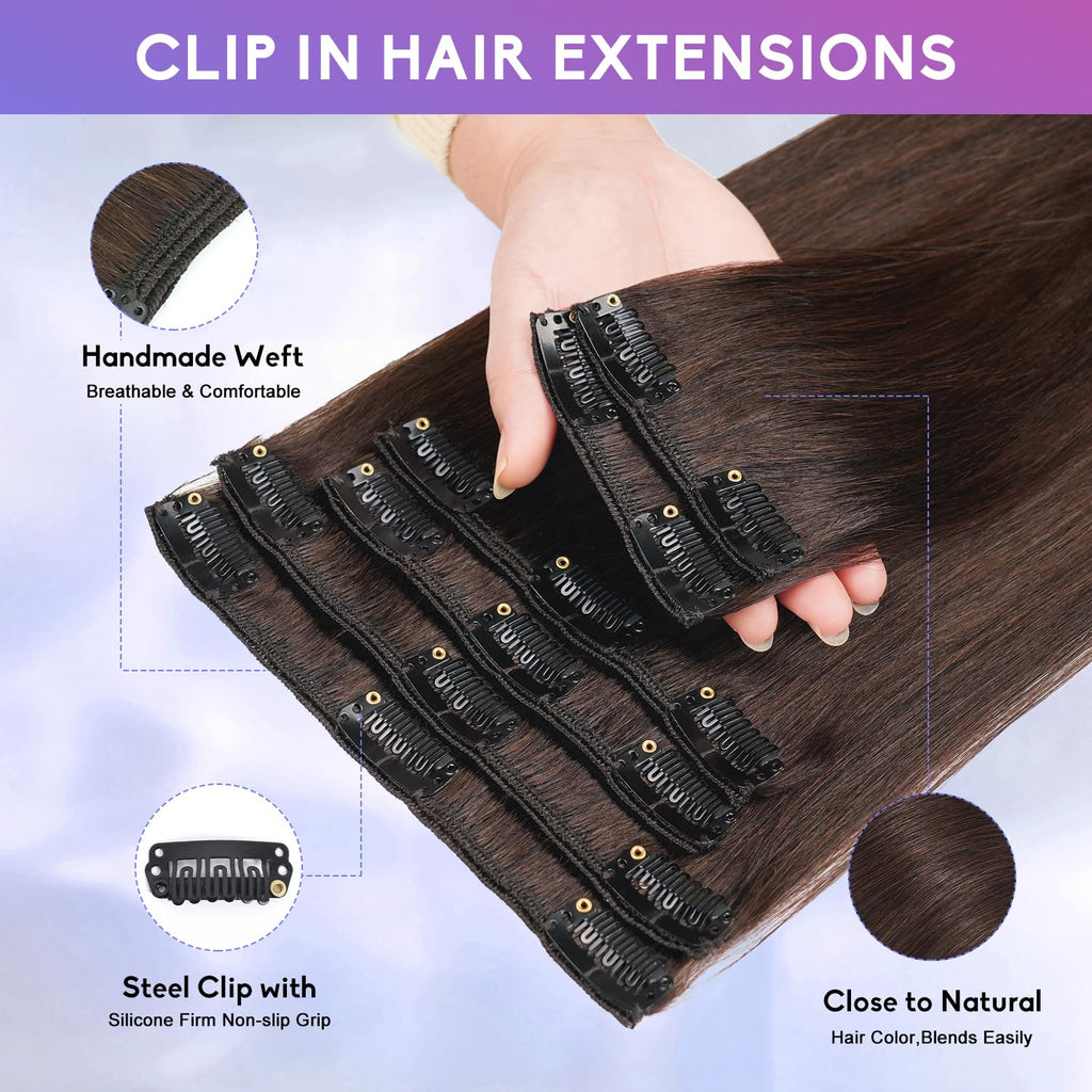 Dark Brown Invisible Clip in Hair Extensions Real Human Hair Weft Clip Ins | 18 Inch 100g, 8pcs Per Set, Double Weft