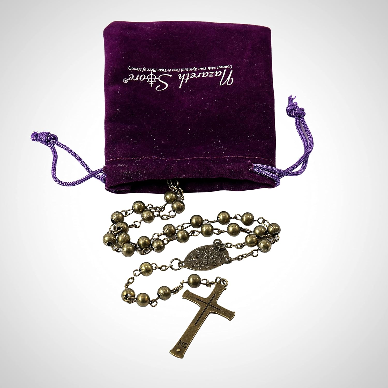 Nazareth Store WWII Combat Design Bronze Rosary Beads Handmade Metal Beaded Men Necklace Miraculous Medal with Jesus