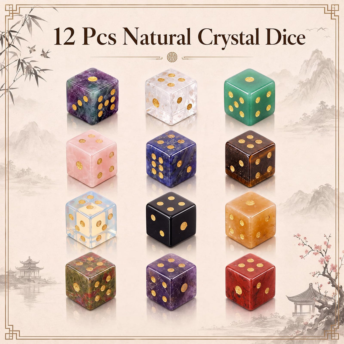 12 Pcs Natural Gemstone Dice 15mm Crystal Dice, Multi-Color-3