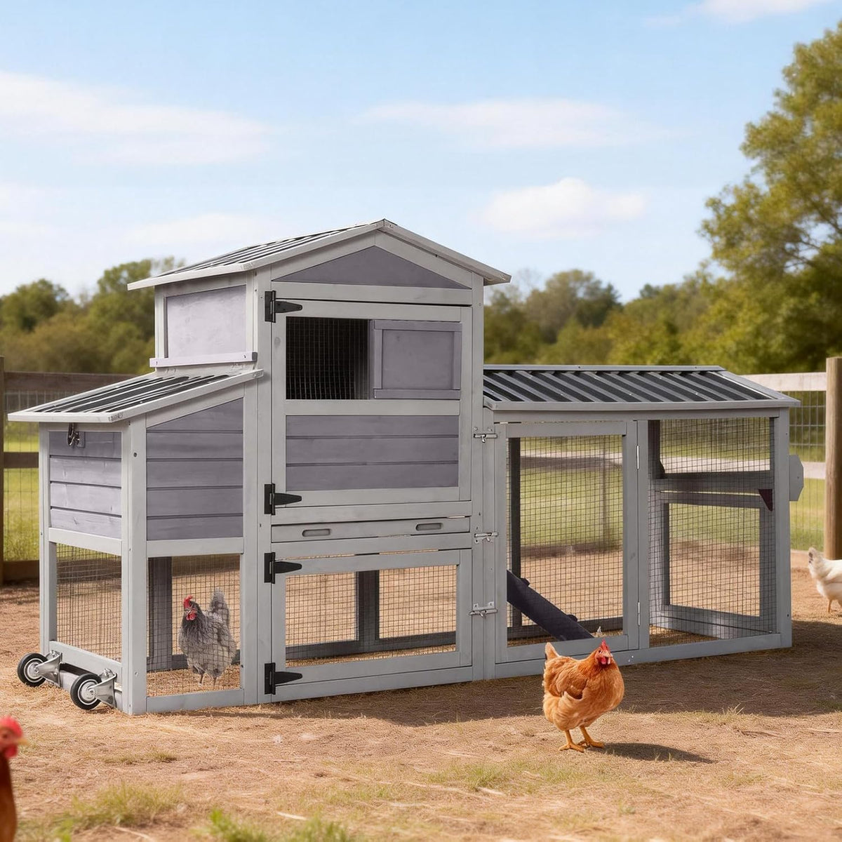 80’’ Chicken Coop with Wheels, Outdoor Wooden Chicken House with Nesting Box, Poultry Chicken Cage with Weatherproof