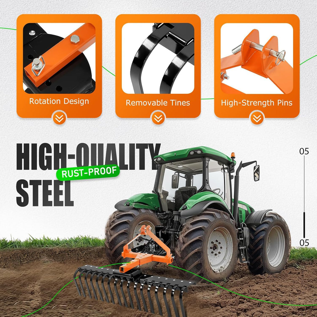 50" 3 Point Landscape Rock Rake for Category-0 Cat-0 Tractor with | 360° Rotation Replaceable Spring Tines and Pin