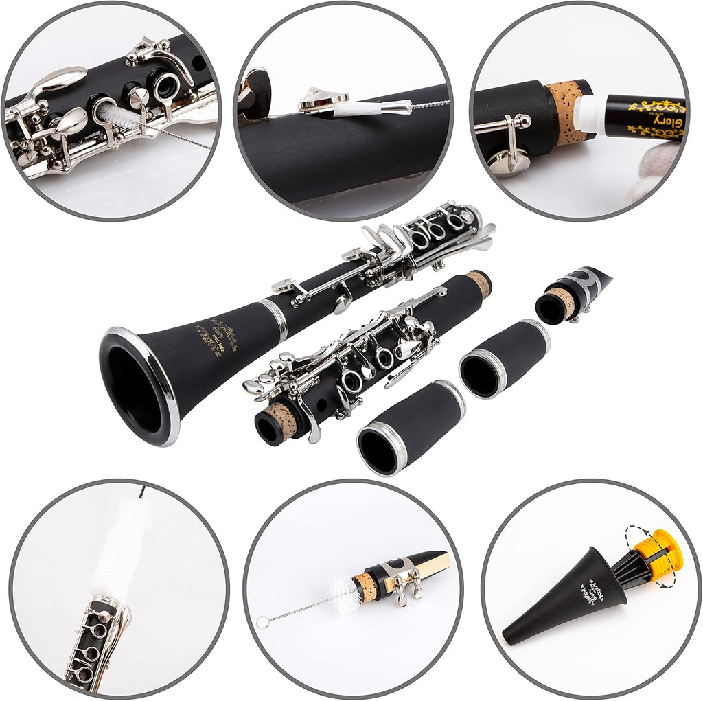 GLY-PBK Professional Ebonite Bb Clarinet with 10 Reeds, Stand, Hard Case, Cleaning Cloth, Cork grease, Mouthpiece