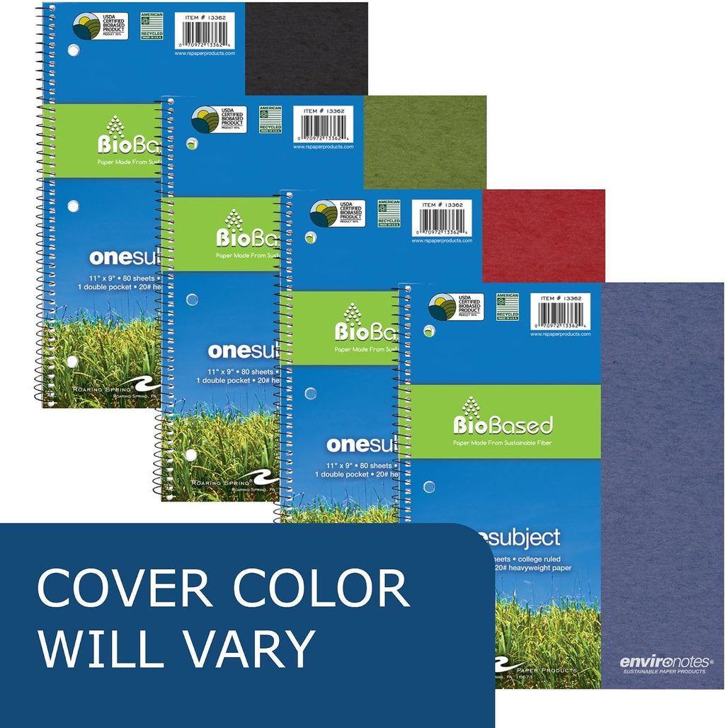 Environotes College Ruled Spiral Notebook, 1 Subject Recycled School Notebook with Storage Pocket, 11" x 9", 80