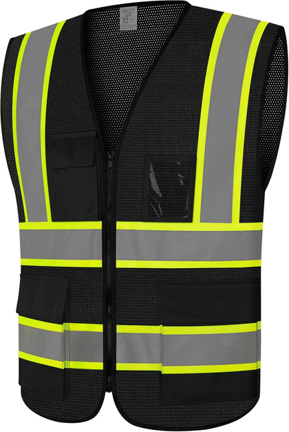 Safety Vest for Men, Hi Vis Reflective Vest with Zipper, Black, L | High Vis Vest with Pockets, Construction Mesh