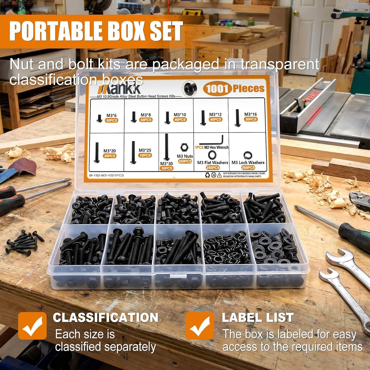 mankk 1001PCS M3 Screws,Hex Socket Button Head Bolt Assortment Kit