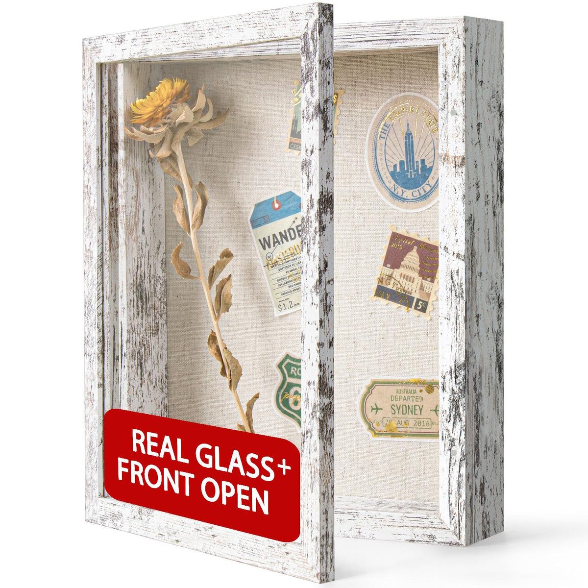 8x10 Shadow Box Frame with Linen Back - Real Glass, Push Pins Included, Sturdy Rustic Memory Display Case, Fits