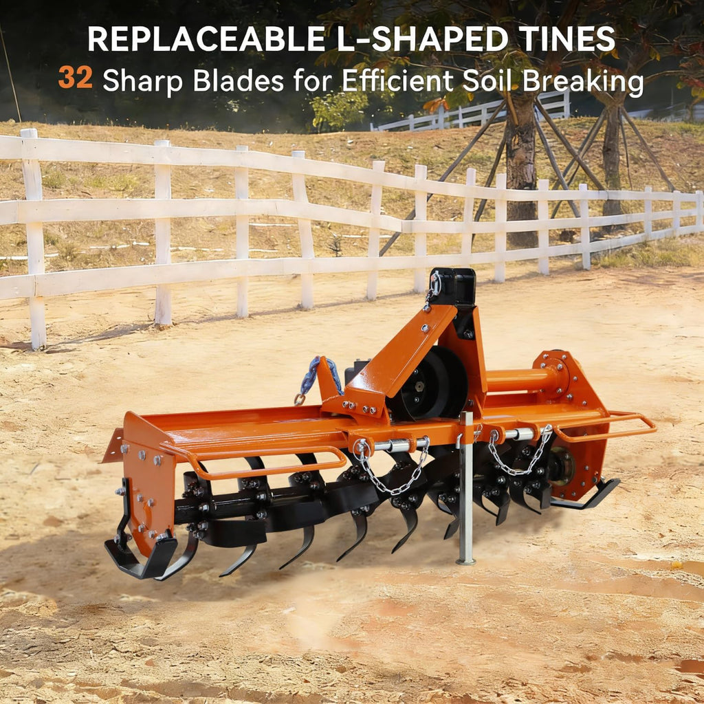 53'' 3 Point Rotary Tiller Attachment, 540 RPM Gearbox, Replaceable L-Shaped Tines, 3/4/5" Adjustable Tilling Deep