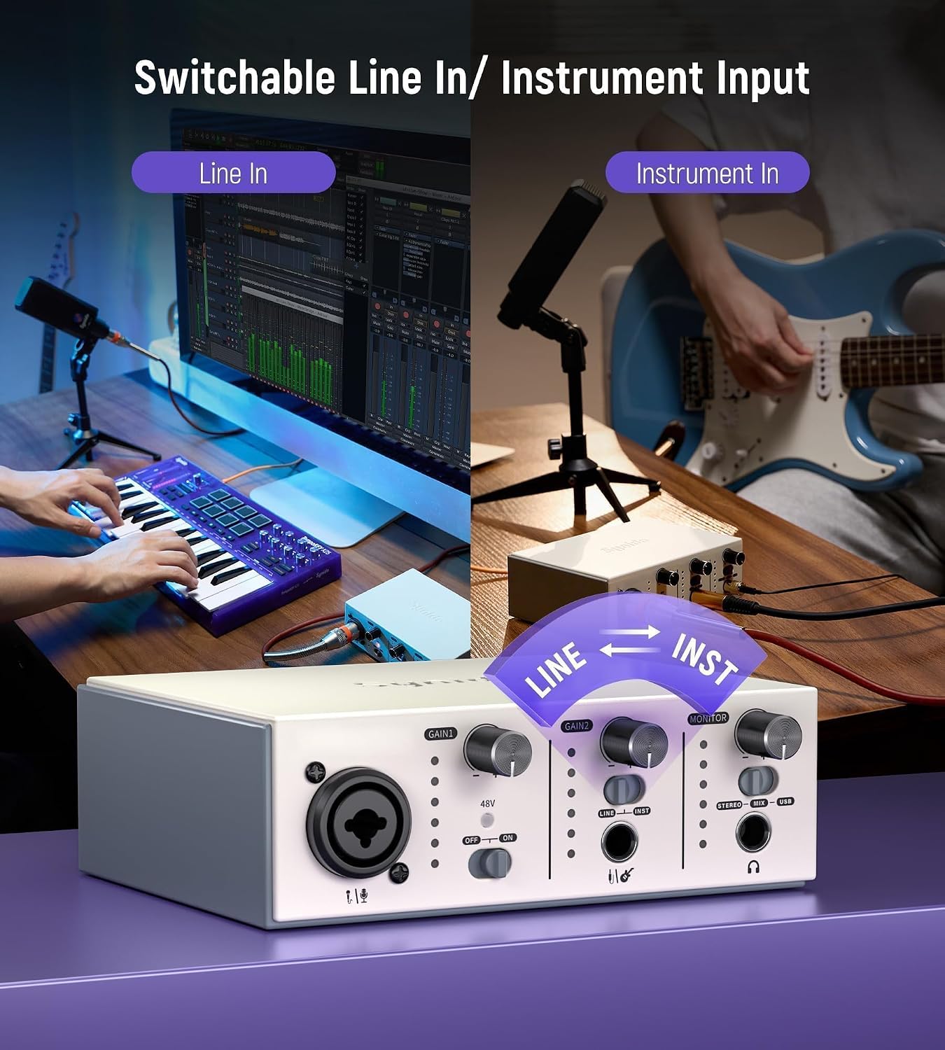USB C Audio Interface for Recording Music, Streaming, Podcasting, Silver | XLR/6.35mm jacks, line In/hi-z switching
