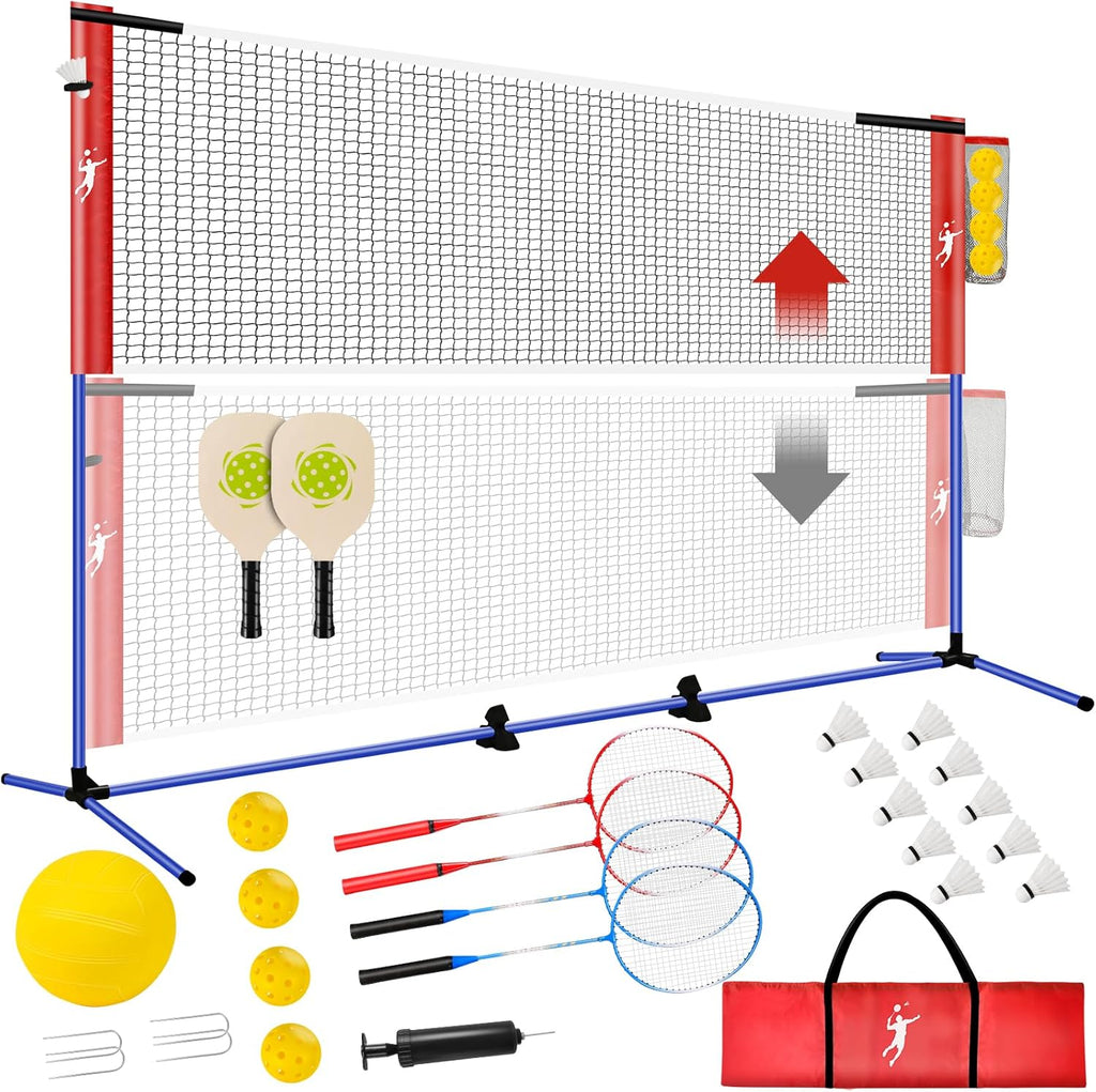 Pickleball Badminton Net Set for Backyards, All-in-One Portable Volleyball Combo Set with Adjustable Net, Volleyball