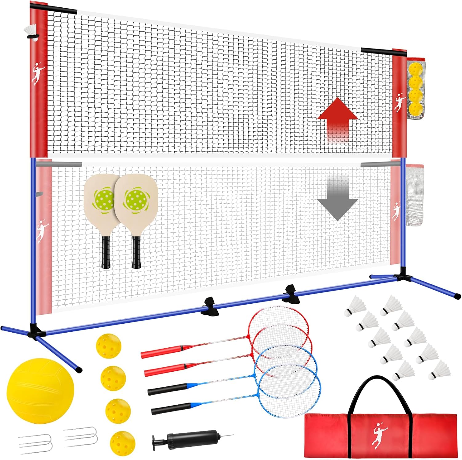 Pickleball Badminton Net Set for Backyards, All-in-One Portable Volleyball Combo Set with Adjustable Net, Volleyball