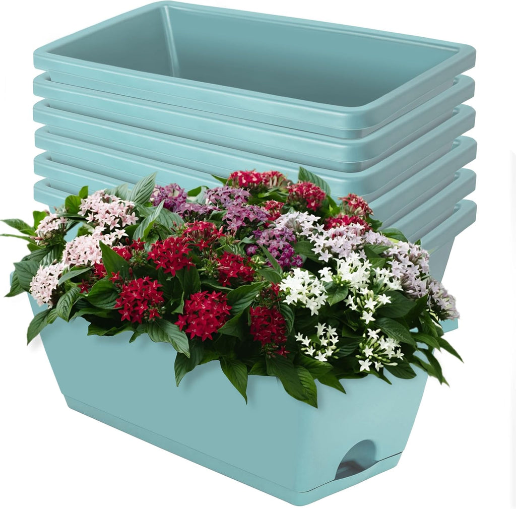 Window Box Planter, Plastic Vegetable Flower Planters Boxes 17 Inches Rectangular Flower Pots with Saucers for Indoor