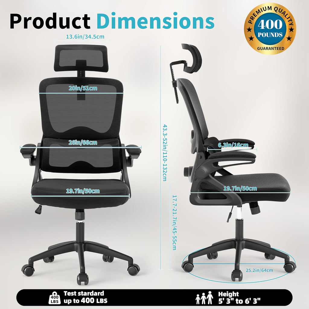 Ergonomic Office Chair,Mesh Office Chair with Lumbar Support,High Back Desk Chair with Flip-up Arms,400 lbs Big and