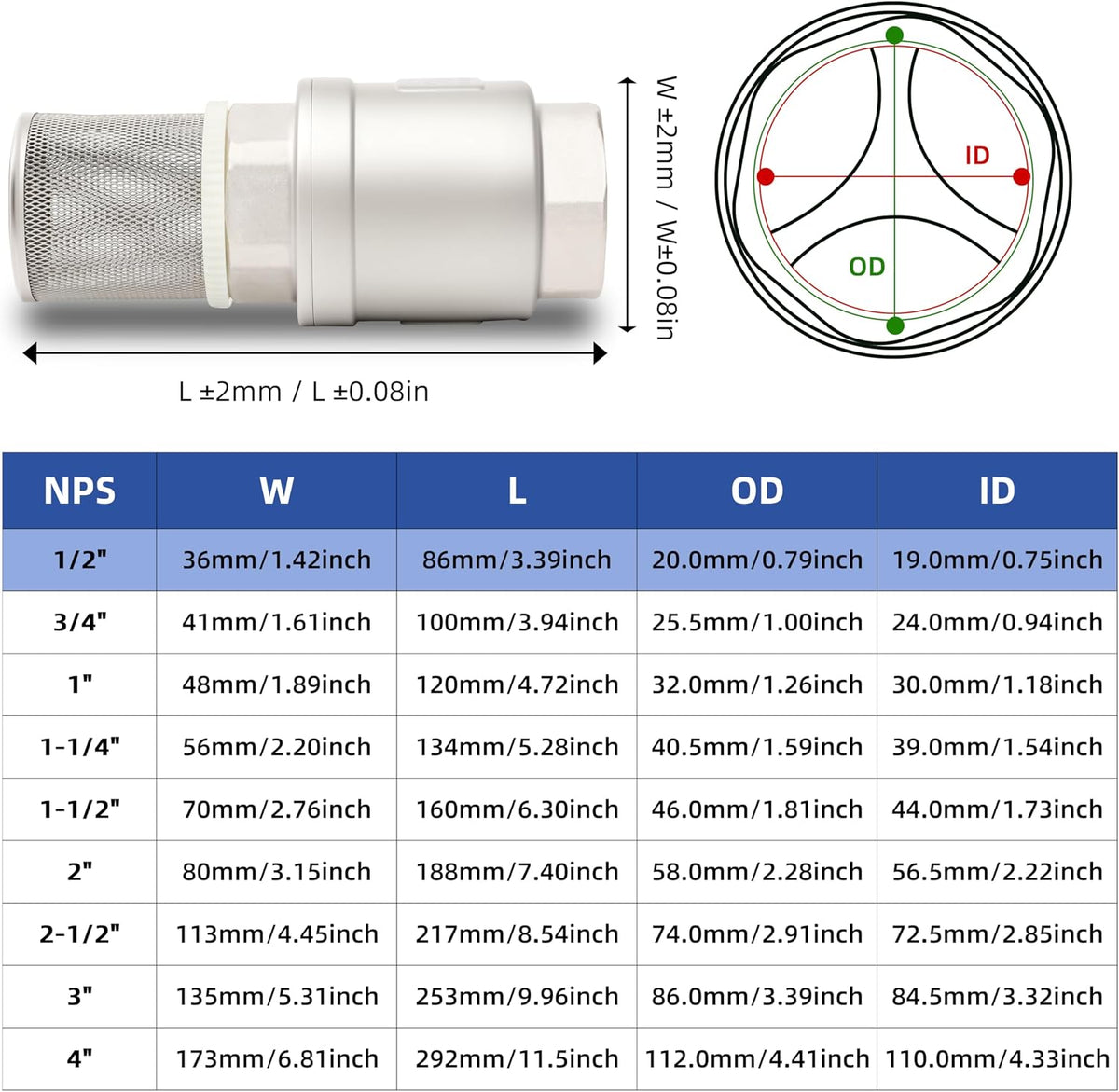 1/2" NPT Foot Valve with Filter, Stainless, Heavy Duty, Female Thread, DN15