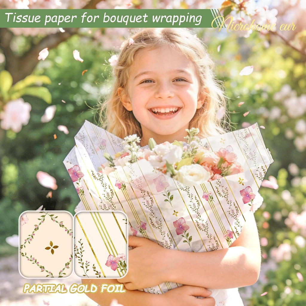 24 Sheets Floral Tissue Paper, Sage Green and Pink 15x20Inch