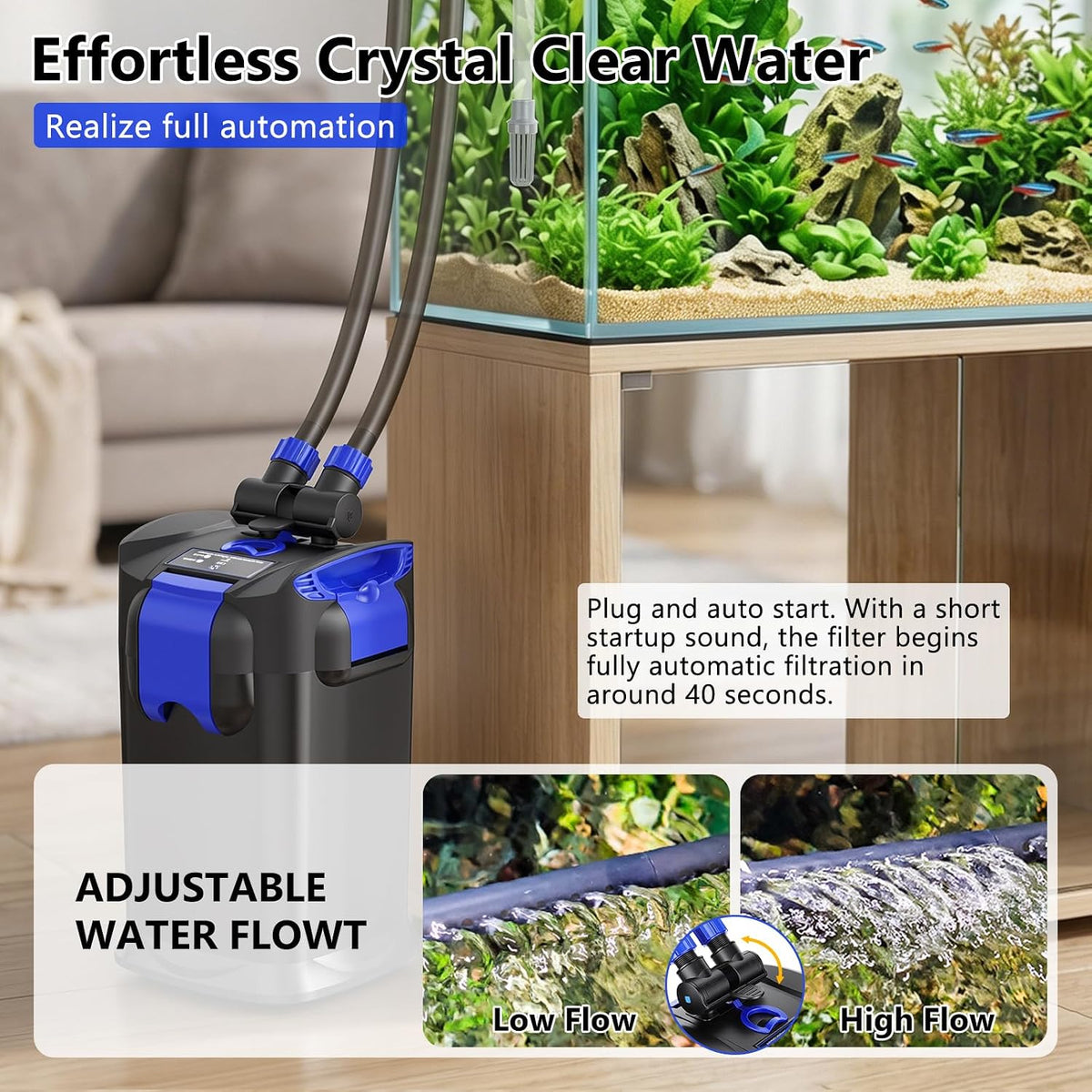 Canister Filters,317GPH Self-Priming External Fish Tank Filter