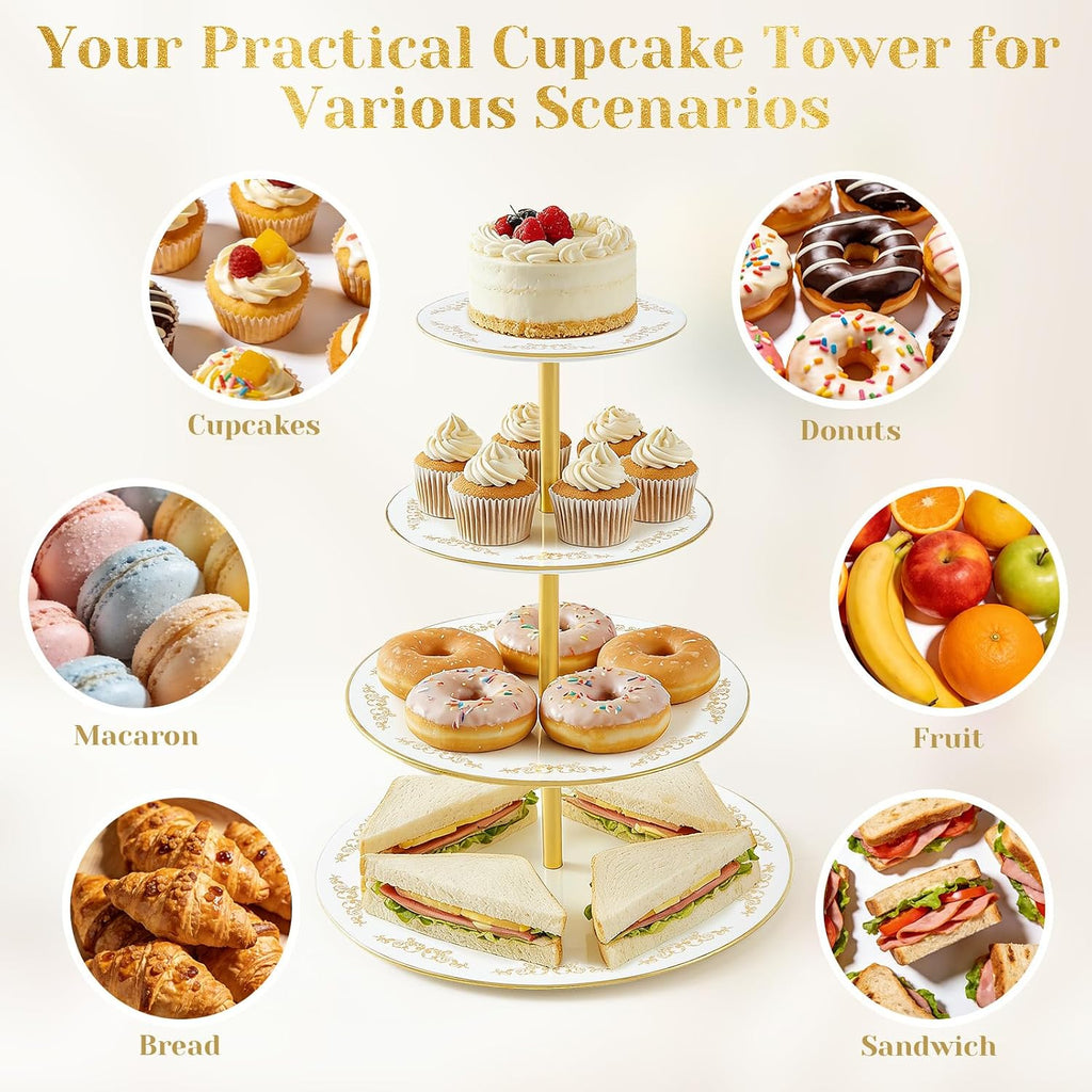 4-Tier Cupcake Stand Tower, British Style Porcelain Tiered Tray with Golden Trim & Pattern, Food Grade Dessert