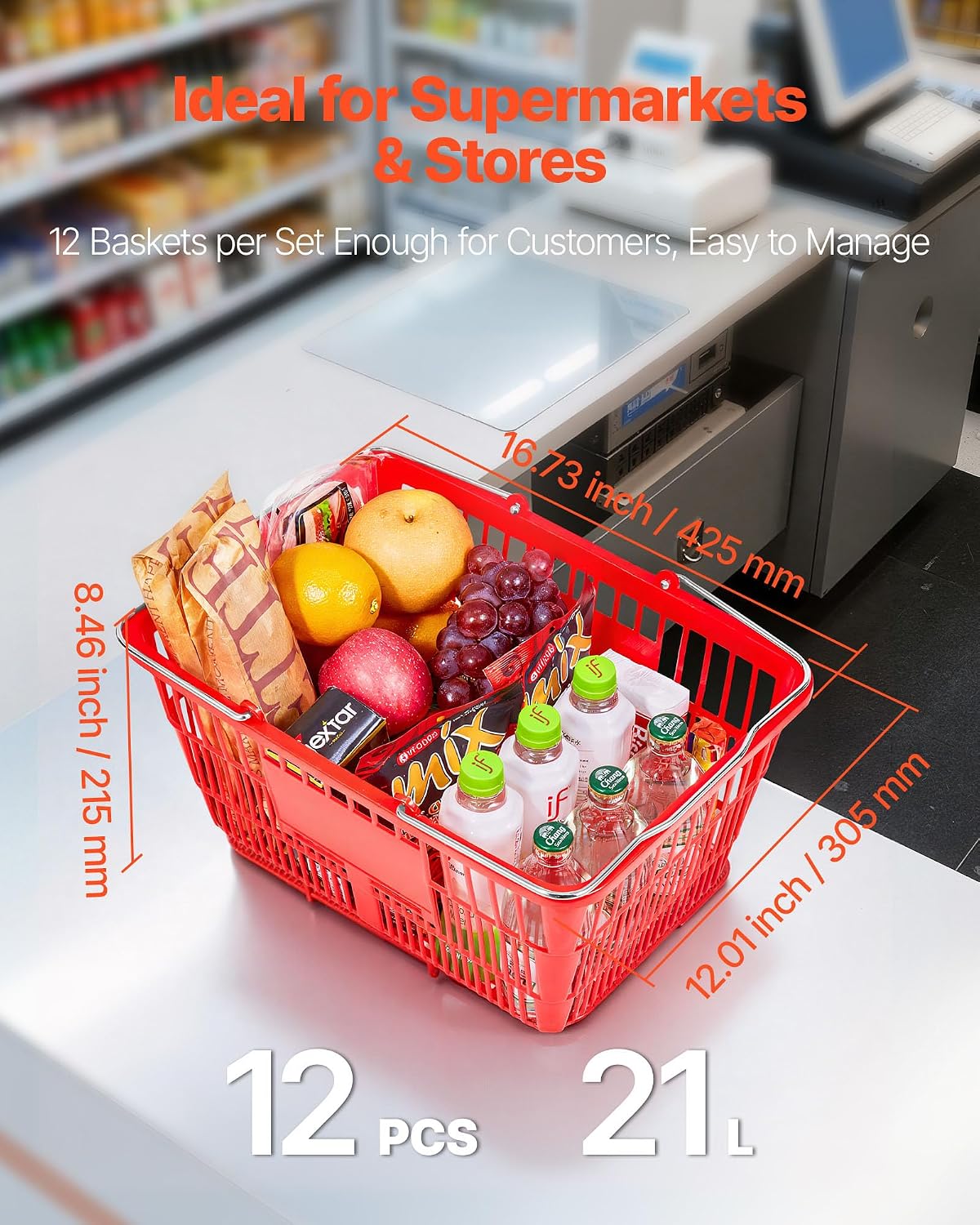 Shopping Baskets, 12 PCS, 21L Stackable PE Plastic Grocery Baskets with Metal Handles, Dense Mesh Structure, Holds up