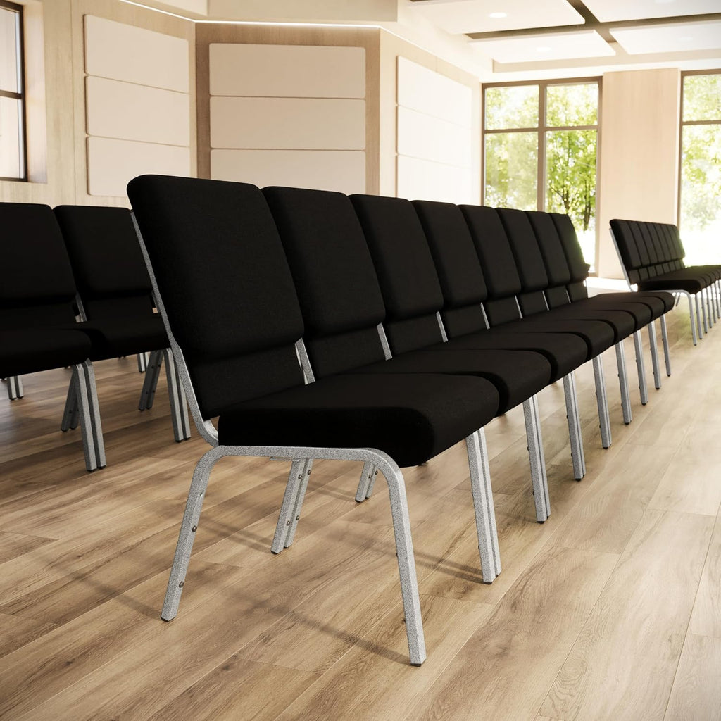 4 Pack HERCULES Series 18.5''W Stacking Church Chair in Black Fabric - Silver Vein Frame