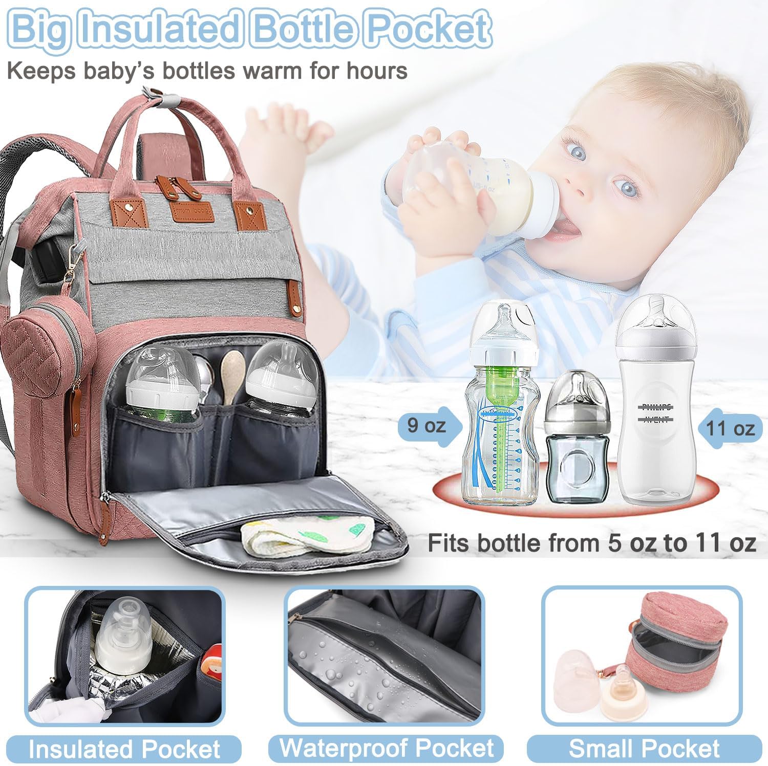 Diaper Bag Backpack Baby Bag for Mom Dad with Changing Pad, 19 Pockets, Large Waterproof Travel Baby Girl Boy Toddle