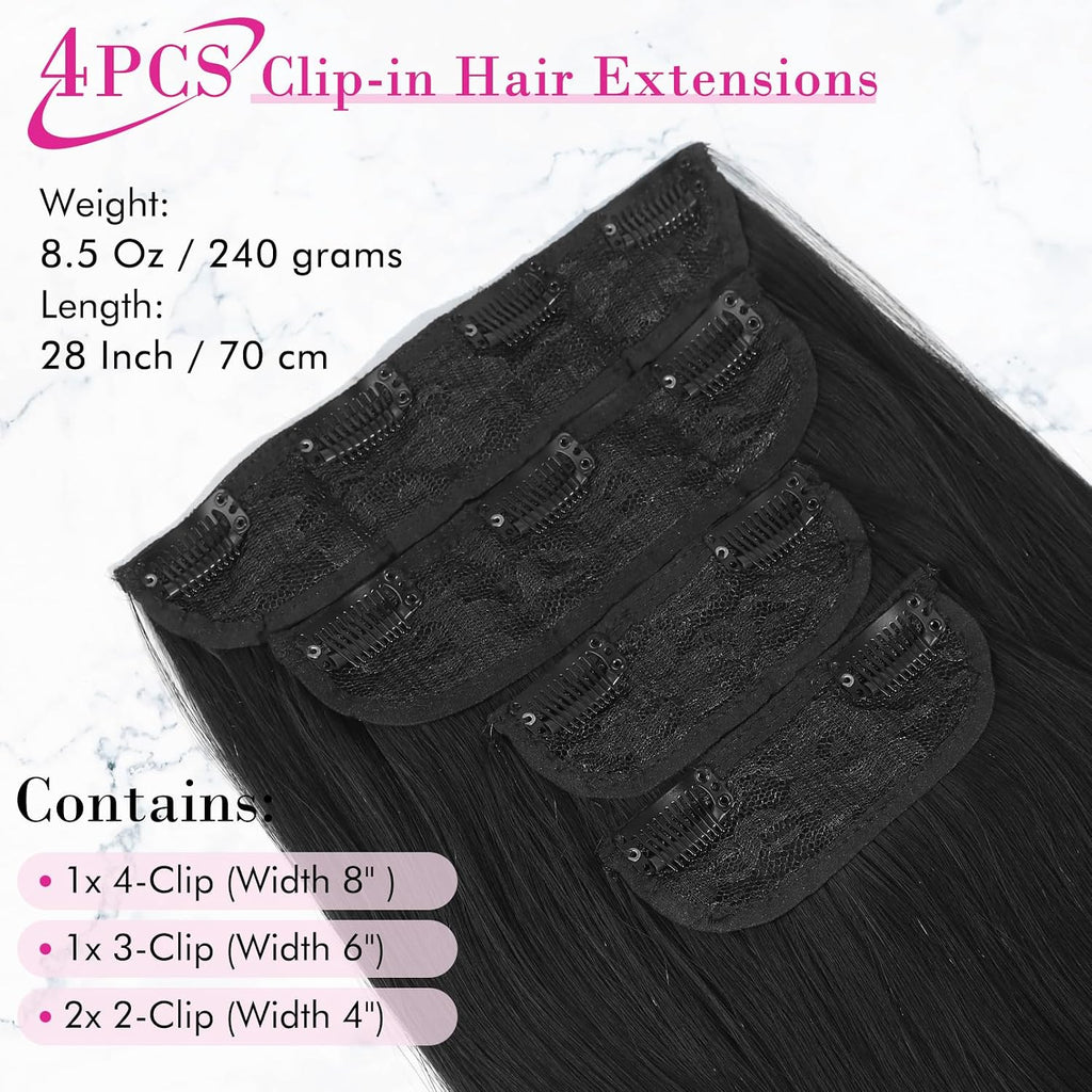 28" Straight Super Long 4 PCS Set Thick Clip in on Hair Extensions Natural Black