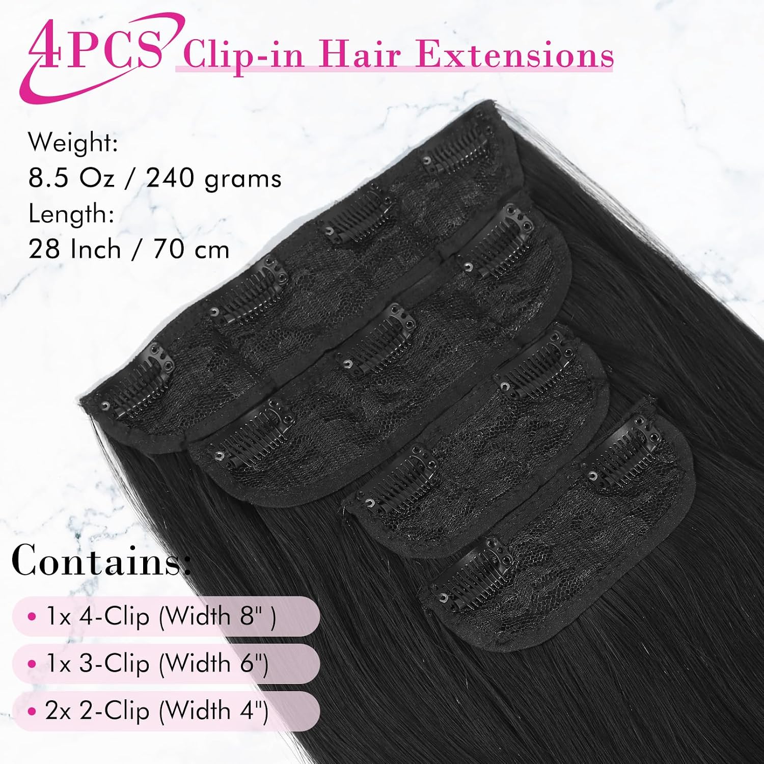 28" Straight Super Long 4 PCS Set Thick Clip in on Hair Extensions Natural Black