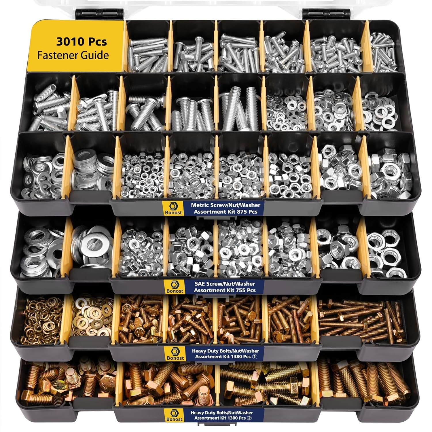 3010pcs Hardware Assortment Kit with Assorted SAE & Metric Phillips Head Bolts, and Grade 8.8 Metric Hex Bolt Set
