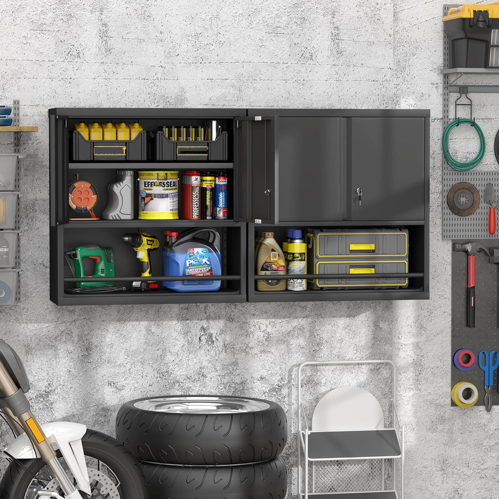 Locking Metal Wall Mounted Garage Storage Cabinet with Doors and Shelves