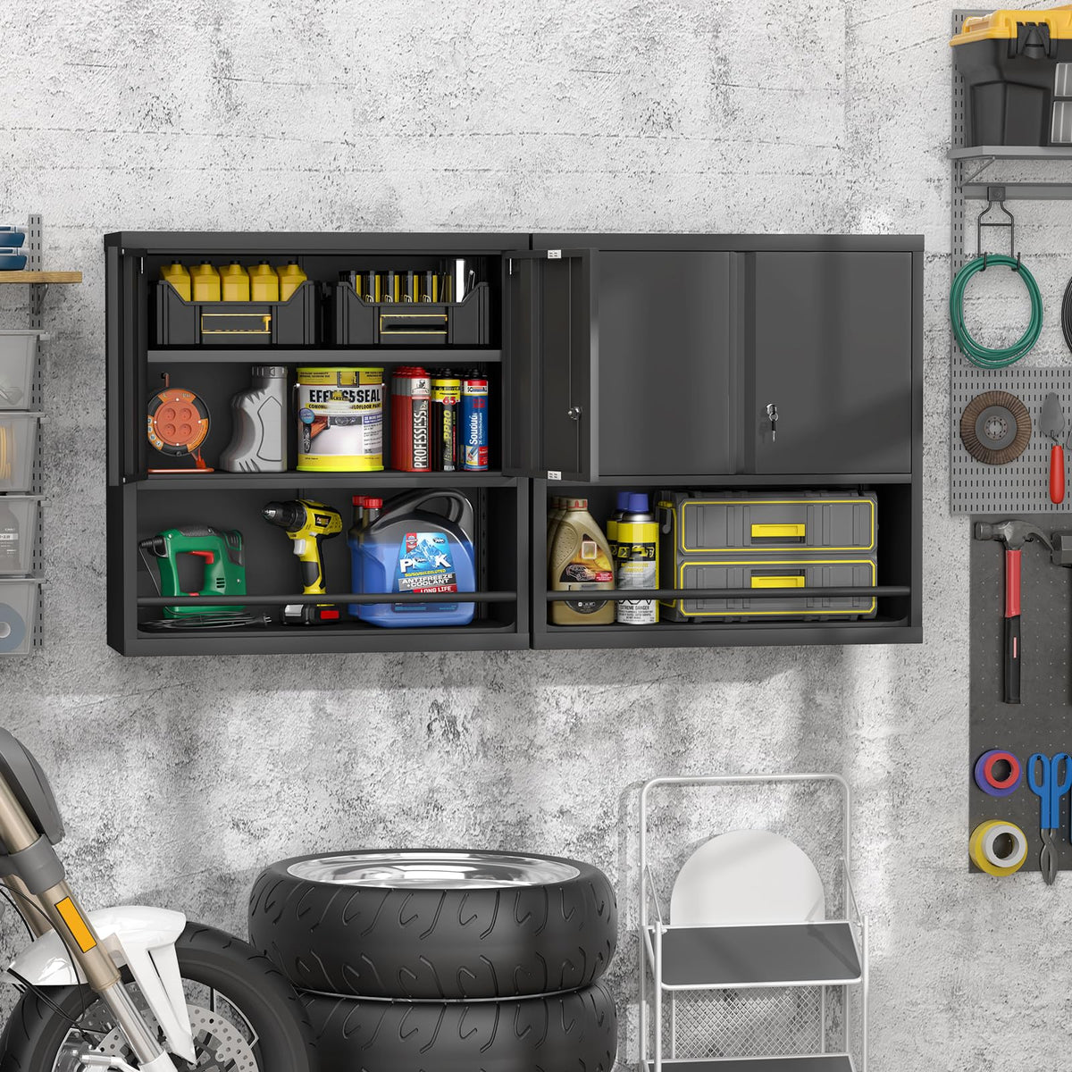 Locking Metal Wall Mounted Garage Storage Cabinet with Doors and Shelves