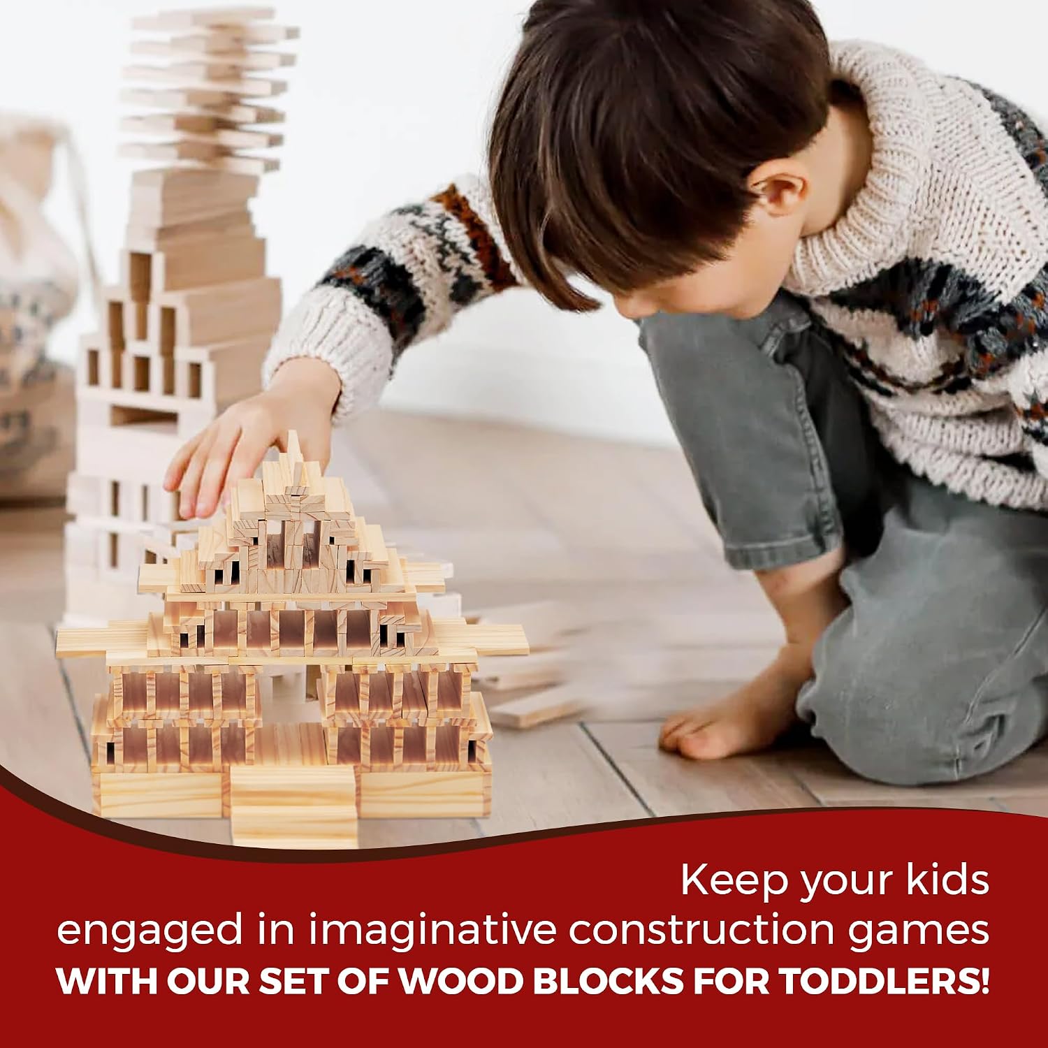 OWT Wooden Building Planks for Kids | 100 Piece STEM Construction Blocks Set for Creative Play | Educational Wood