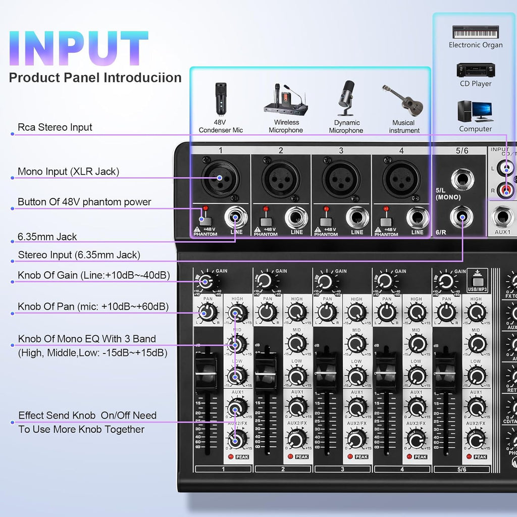 6 Channel Audio Interface Sound Board Mixing Console 16-Bit DSP DJ Mixer Audio Reverb Effect +48V Phantom Bluetooth