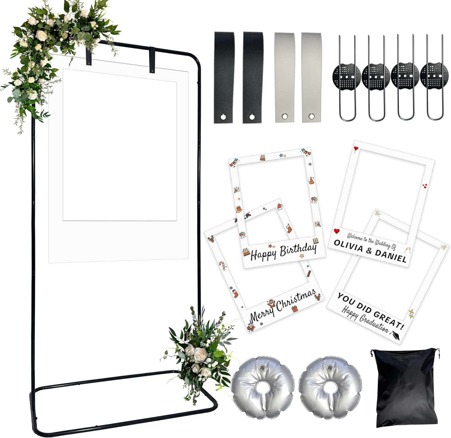 Black Large Wedding Welcome Sign Stand with DIY Blank Selfie Frame (40" x 30") - Customizable Photo Booth Prop for