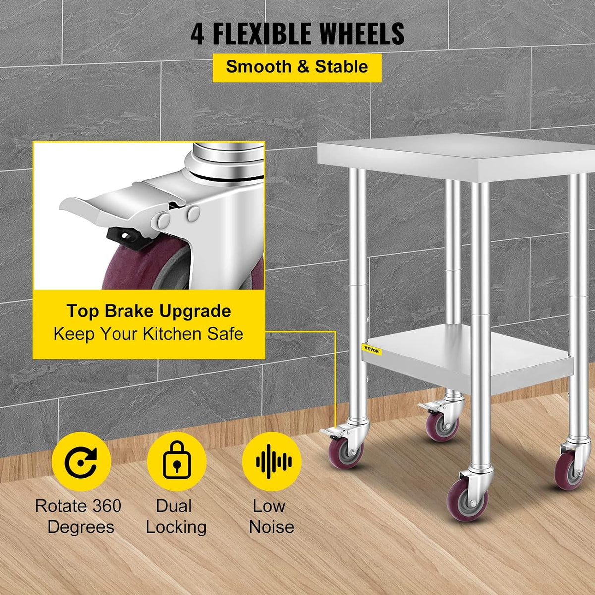 Mophorn 24x18x34 Inch Stainless Steel Work Table 3-Stage Adjustable Shelf with 4 Wheels Heavy Duty Commercial Food
