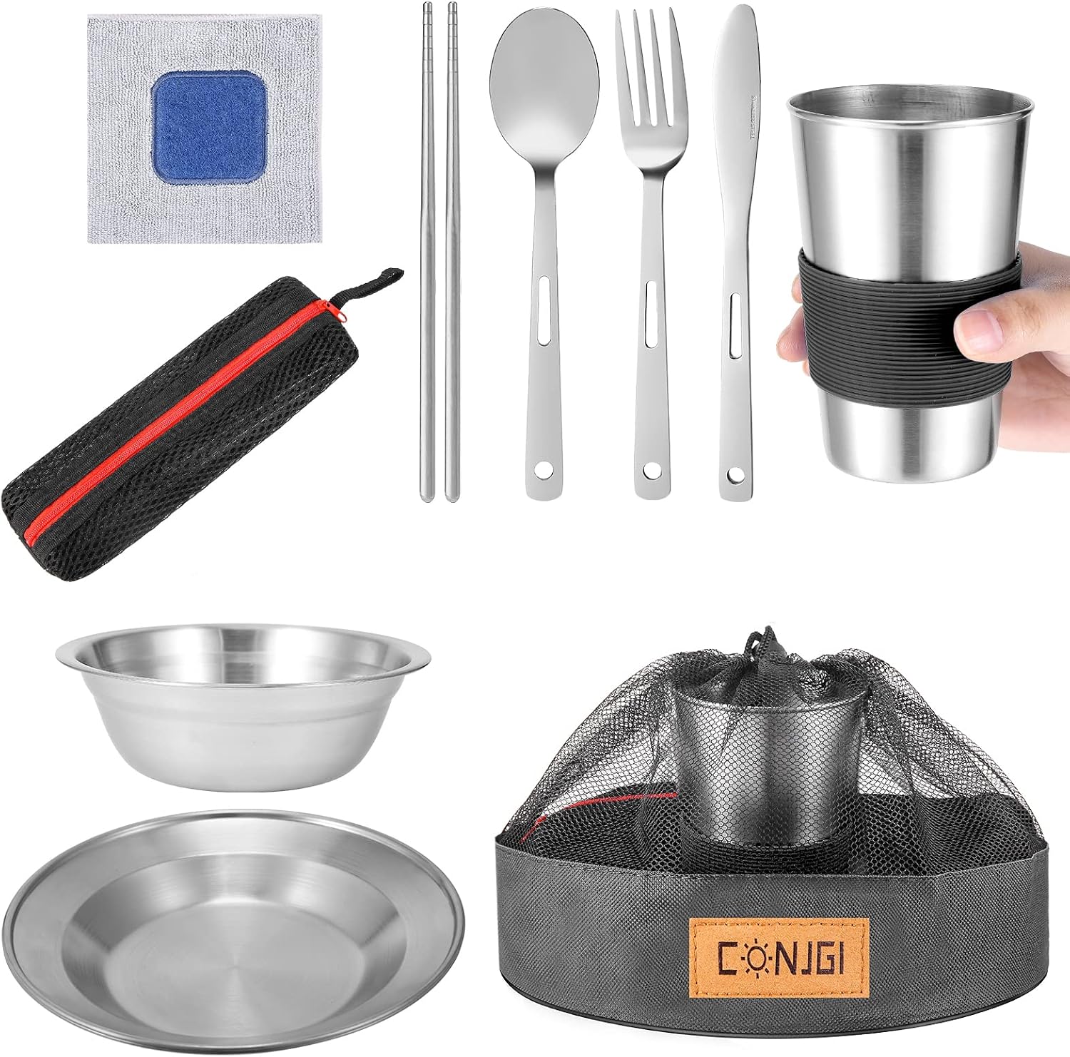 Outdoor Camping Mess Kit - 1 to 2 persons Camping Dishes Includes Cups, Bowls, Dishes, Knives, Forks, Spoons, Etc