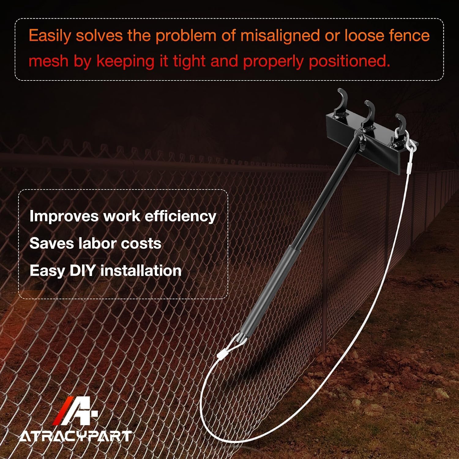 Chain Link Fence Fabric Hanging Tool, Heavy Duty Top Rail Support Tool with Cable Hook & Under-Rail Bracket for Easy