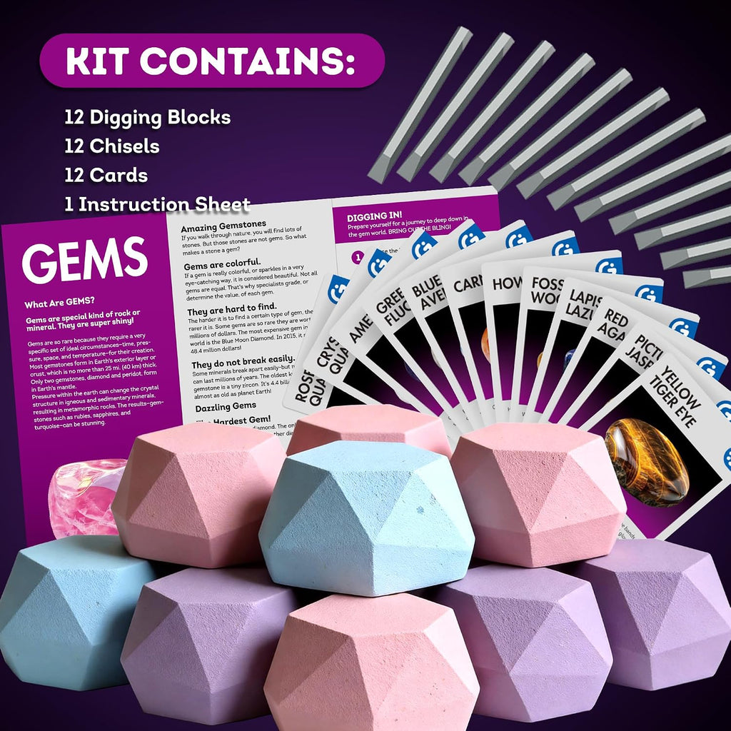 Gemstone Dig Kit, 12 Real Rocks & Minerals, Rock Digging Kit 6-12 | Gemstones & Minerals to Excavate, Complete