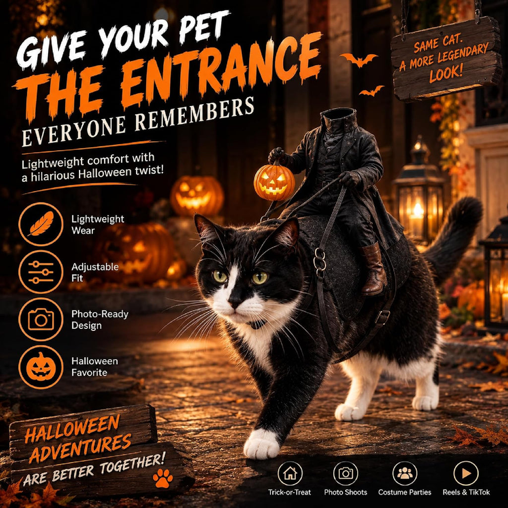 Headless Horseman Cat Costume, Halloween Rider Illusion Pet Outfit