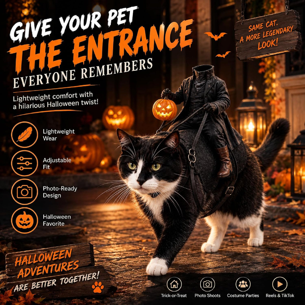 Headless Horseman Cat Costume, Halloween Rider Illusion Pet Outfit