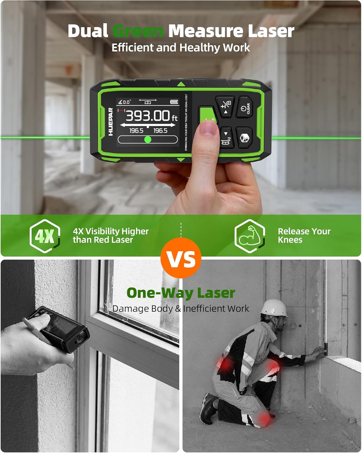 Dual Laser Measuring Tool, Fathers Day Dad Gifts, 393Ft Green-Beam Bilateral Digital Laser Distance Measure 6-Unit