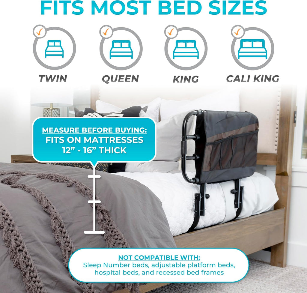 EZ Adjust Bed Rail, Adjustable Senior Bedrail and Safety Assist Railing for Elderly Adults with Organizer Pouch, ASTM