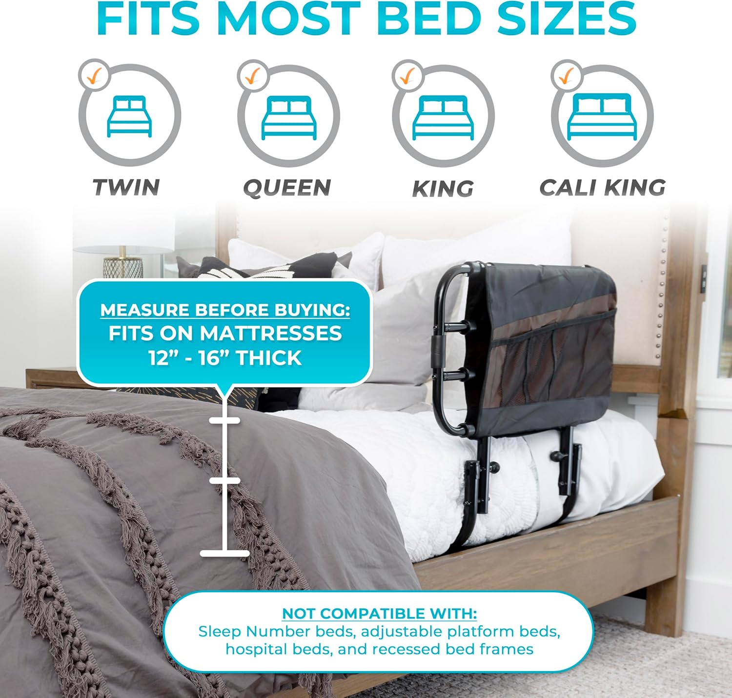 EZ Adjust Bed Rail, Adjustable Senior Bedrail and Safety Assist Railing for Elderly Adults with Organizer Pouch, ASTM