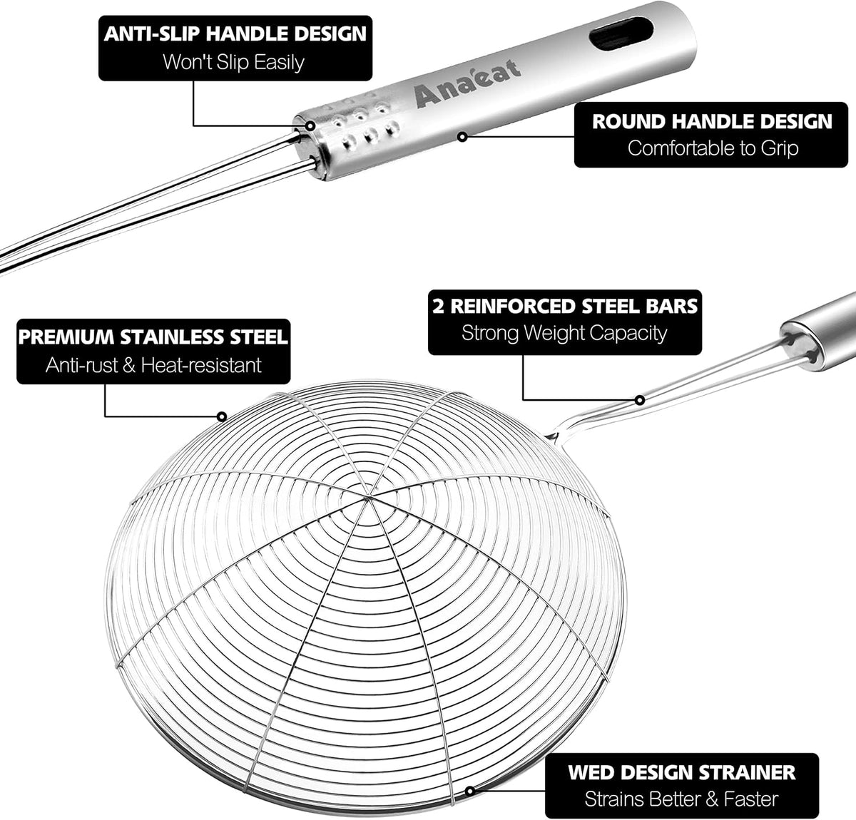 4.5" Stainless Steel Spider Skimmer, Professional Kitchen Pasta Strainer Spoon with Long Handle - Asian Strainer