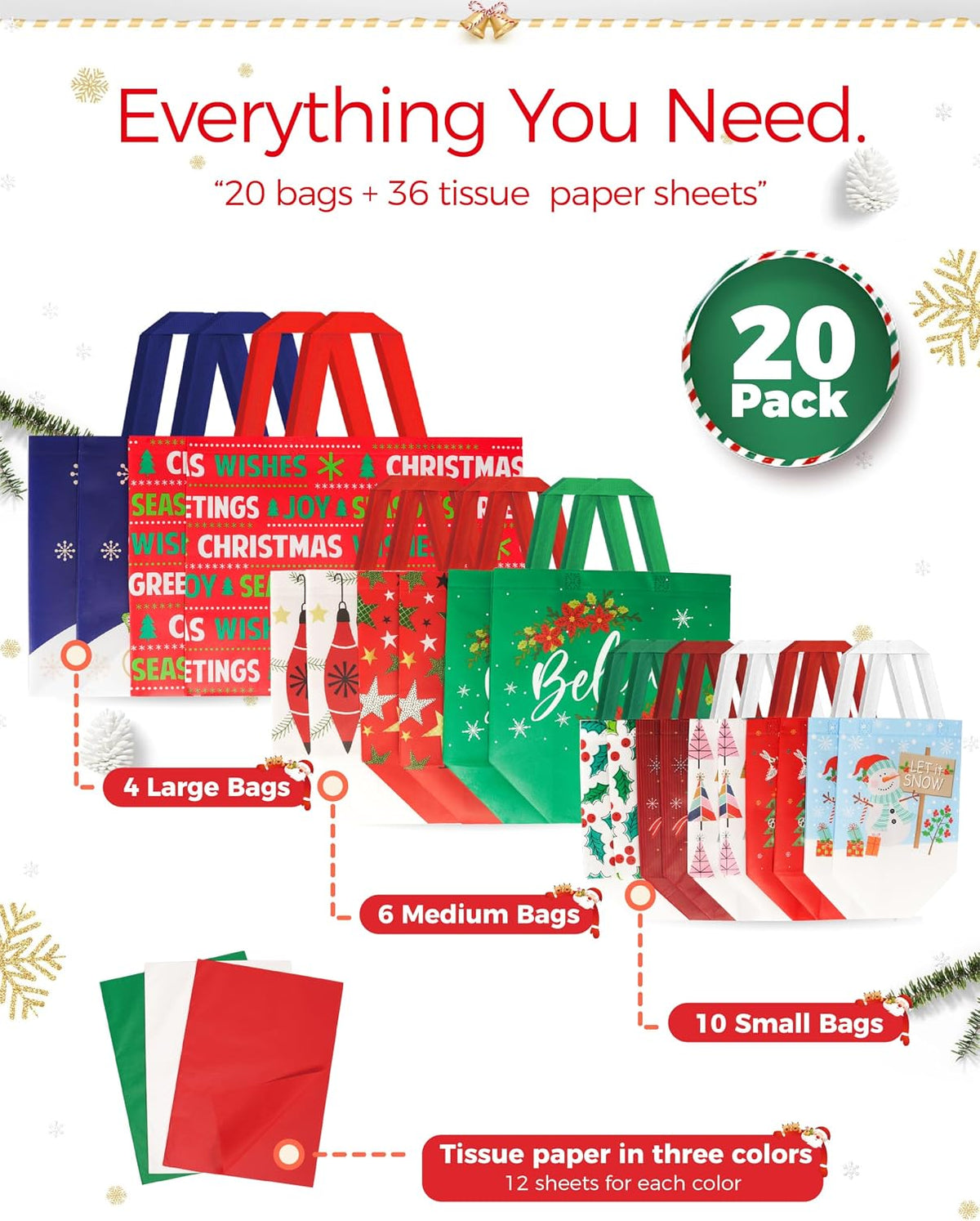 20 Pack Assorted Size Christmas Gift Bags with Tissue Paper